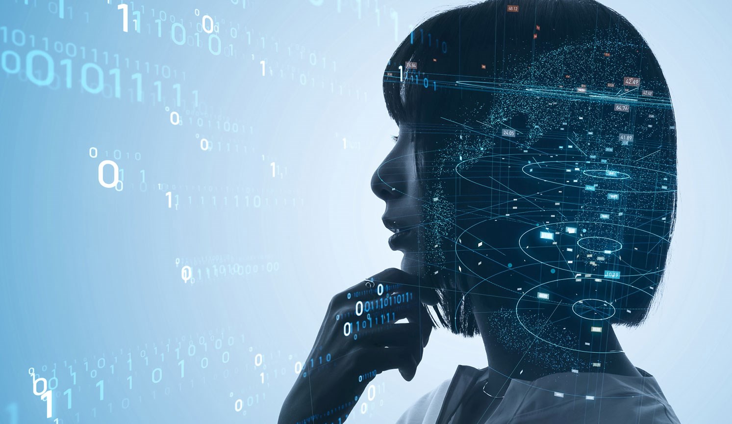 silhouette of women with her hand thoughtfully to her chin, overlaid with code and data
